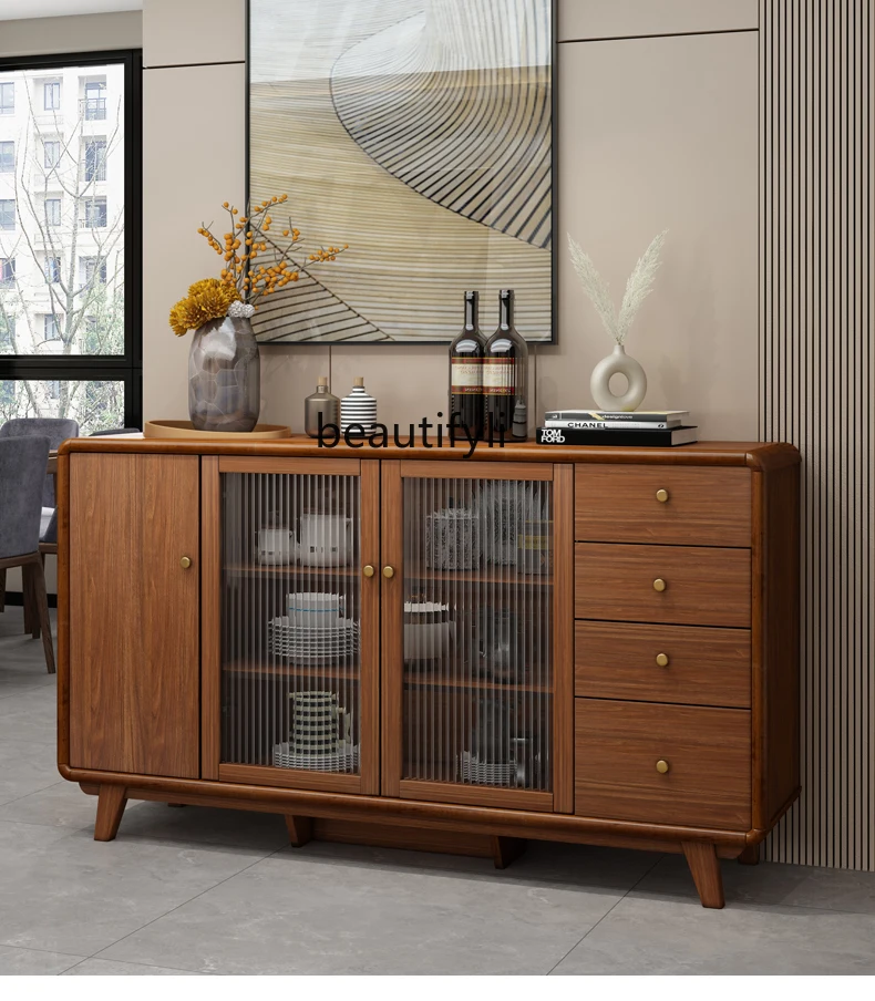 New Chinese Style Sideboard Cabinet Solid Wood Frame Wine Cabinet Wall Storage Cupboard Modern Simple Storage Tea Cabinet