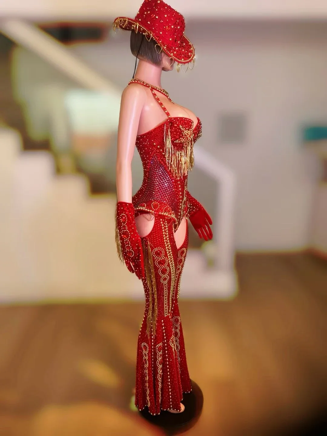 مثير المغني الحفل عرض مسرحي الزي حجر الراين الأحمر ارتداءها ملهى ليلي حفلة ملهى كرنفال Showgirl النساء