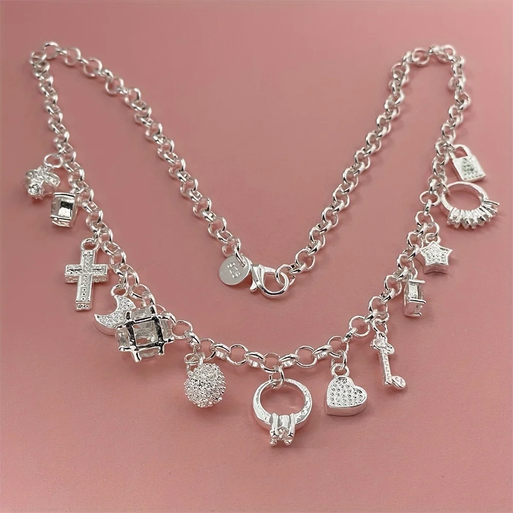 Charms 925 Sterling Silber 45 cm 18 Zoll Kette Halskette Anhänger Multi-Element für Frauen Männer Dame Mode Kreuz/Mond/Sterne/Schloss/Schlüssel