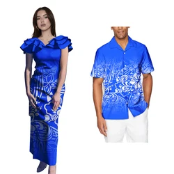 Low MOQ Drop Shipping Polynesian Samoan Tribal Design Custom 2Pcs Set Couple Outfits Women Dresses Men Short Sleeve Shirt