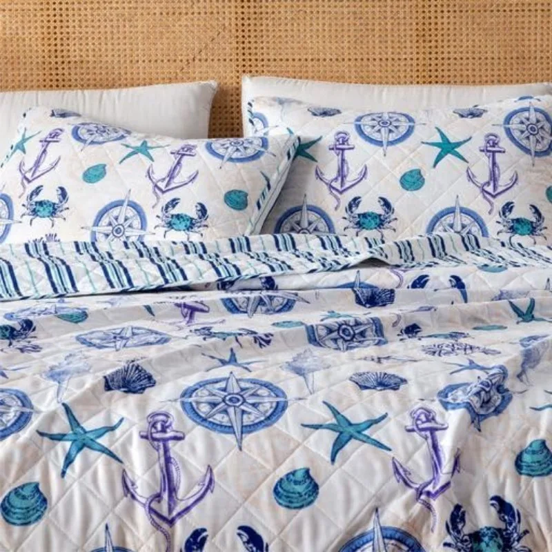 Full / Queen set, Summer Coastal Quilt with Sham, Beach 2-Piece Reversible All Season Bedspread Quilt Set. Lightweight Nautical