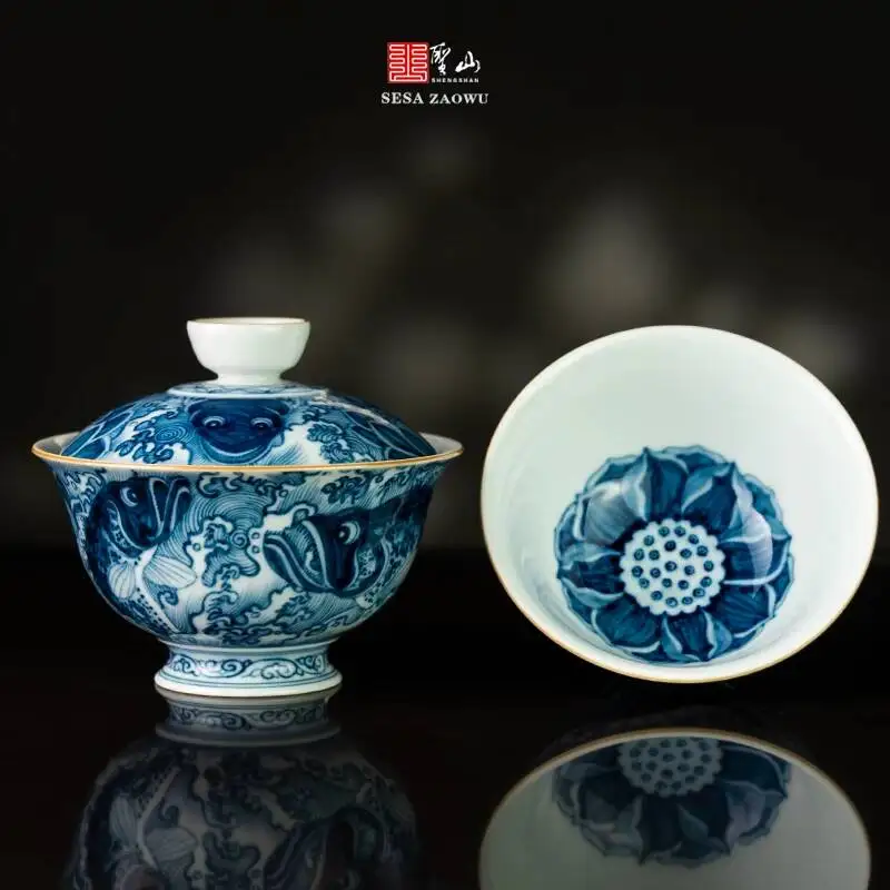 Holy Mountain Imitation Yuan Design Hand-Painted Blue And White Wufu Linmen Noble Fish Tea Set Handmade Ceramic Tureen