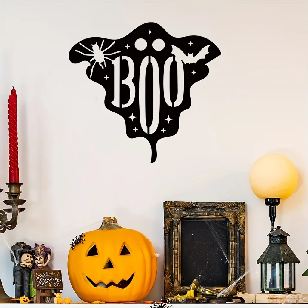 

1pc Halloween Boo Ghost Sign Front Door Decor Spooky Spider Door Hanger Outdoor Outside Porch Funny Metal Party Halloween Decor