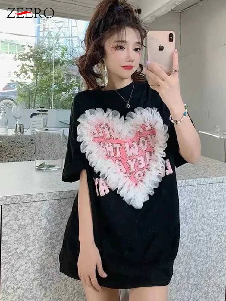 

Women Heart Patchwork Ruffles T Shirt Mini Dress Loose White Letter Casual Long Tees Woman Oversized Tshirts Kawaii Clothes