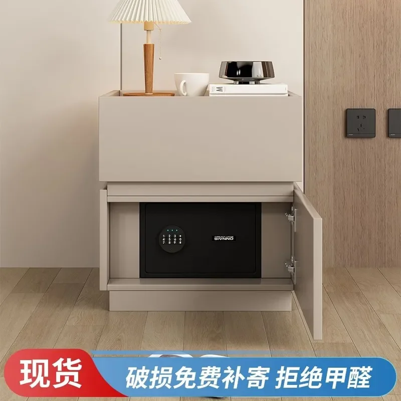 Solid Wood Nightstand with Password Lock Integrated Safe Luxury Bedside Cabinet for Bedroom Storage