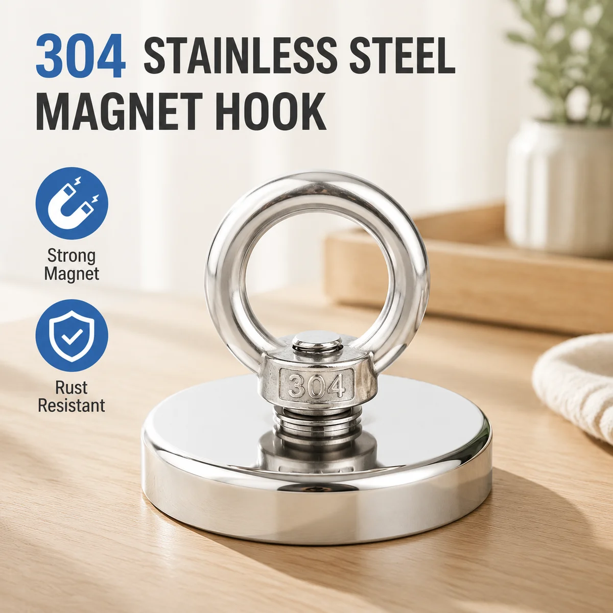304 Stainless Steel Round Lifting Magnet Hook, Strong Magnetic Salvage Tool, 7-55kg Pull Force with Detachable Ring