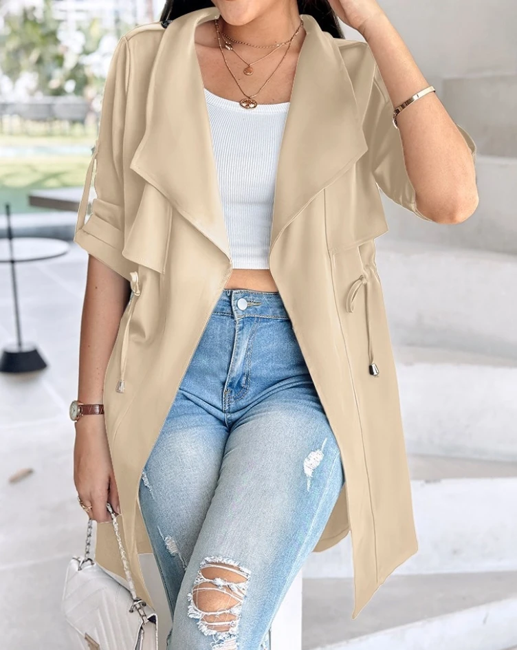 

Loose Solid Color Waist Cinched Sleeve Mid Length Windbreaker Suit Collar Jacket Women's Clothing 2024 Autumn Winter Coat