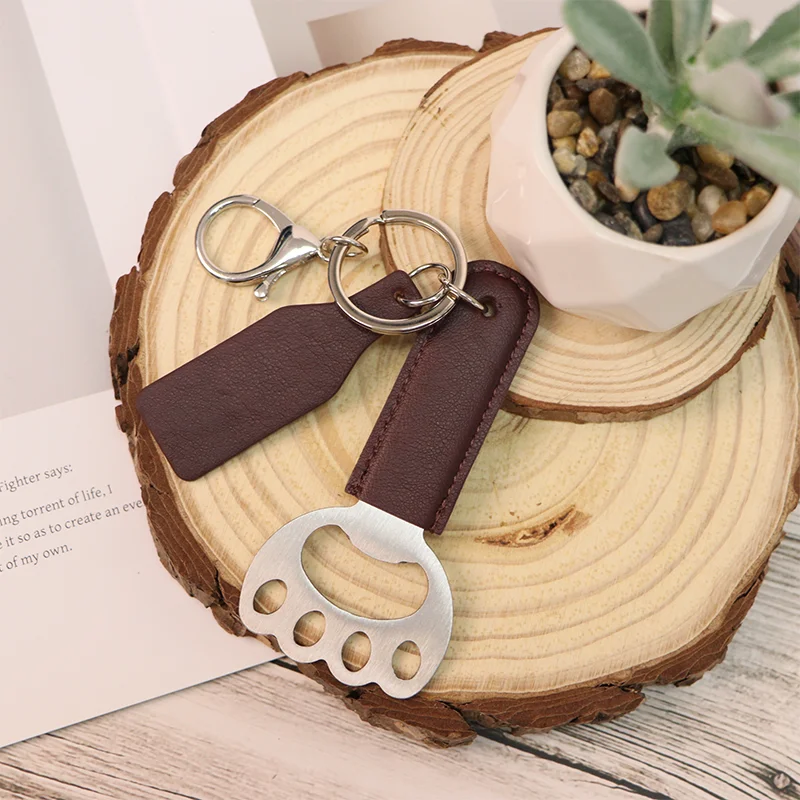 Cat Paw Shape Bottle Opener Keychain Retro PU Leather Stainless Steel Beer Bottle Opener Portable Key Ring Bag Charm Men Creativ