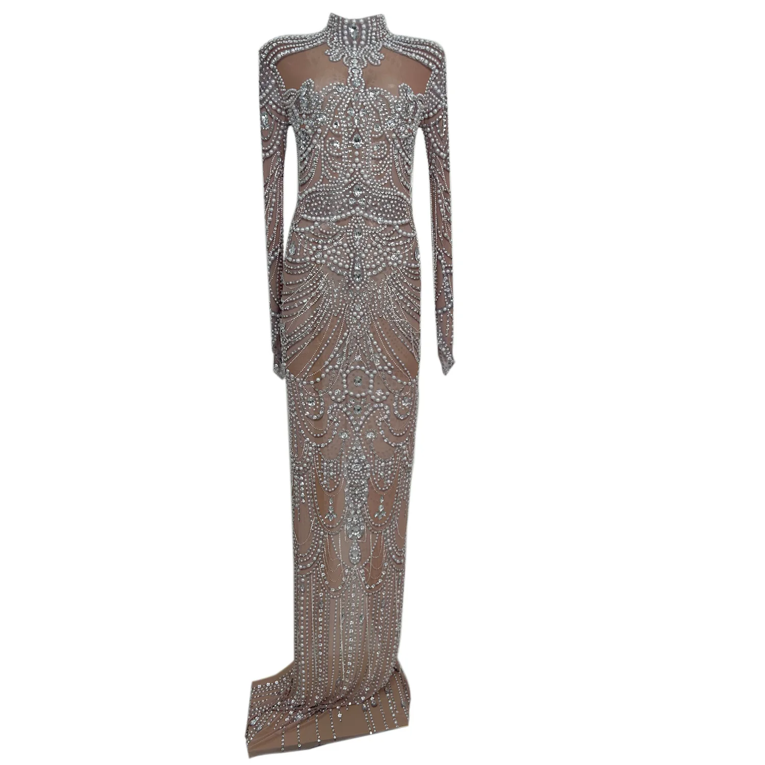 

Rhinestone Pearl Nude Sheer Mesh Sparkly Maxi Dress High Neck Long Sleeve Bodycon Gown Formal Prom Wedding Luxury Evening Dress