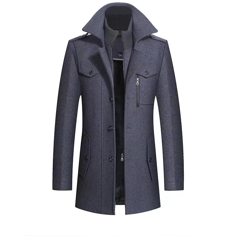 European Version Vertical Zipper Autumn Winter Double Collar Thickened Plus Size Trench Men Woolen Coat