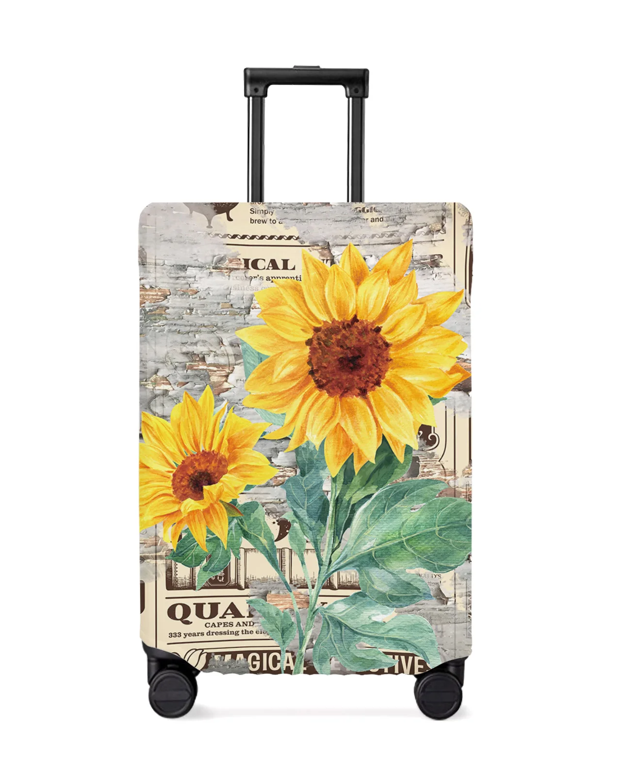 Sunflower Vintage Newspaper Wood Grain Luggage Cover Stretch Baggage Protector Dust Cover for 18-32 Inch Travel Suitcase Case