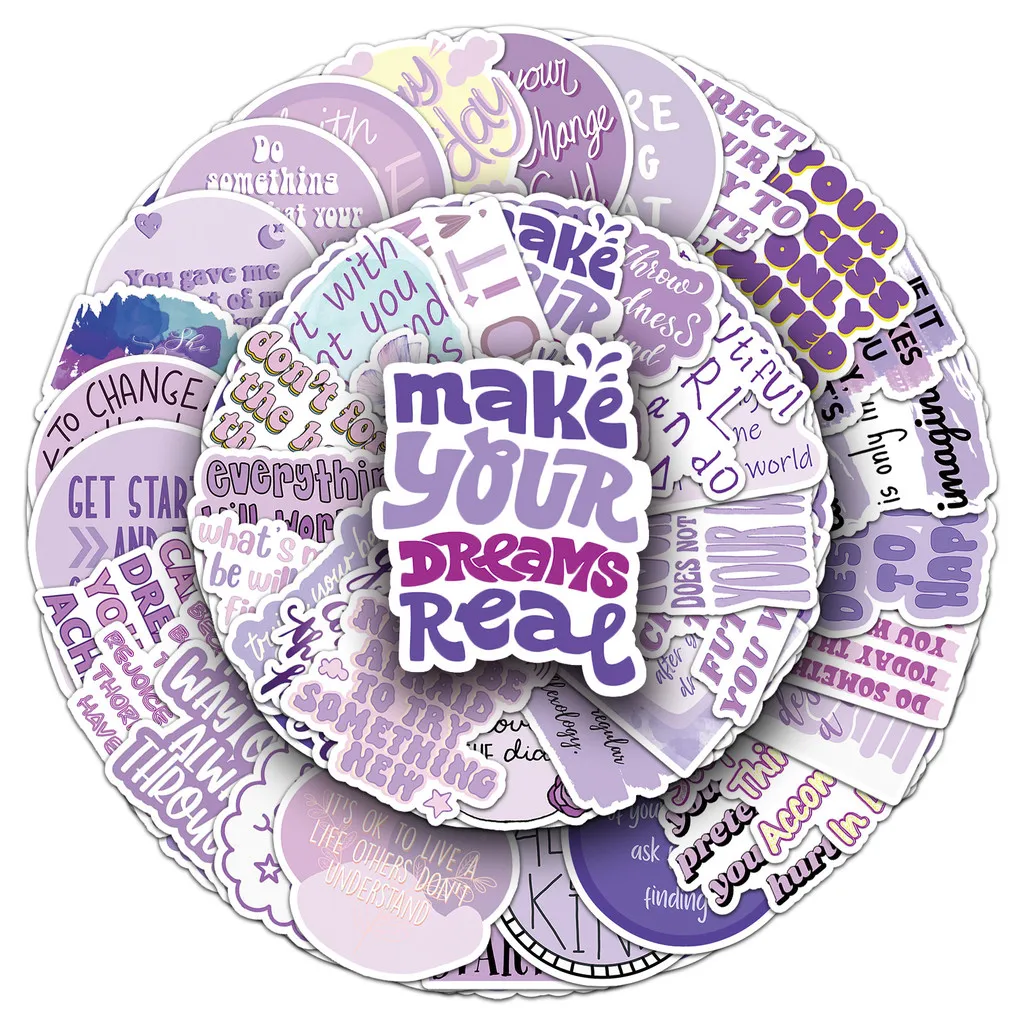 50Pcs Purple Inspirational English Stickers, Positive Energy Short Sentences Waterproof Decals for Journaling and Kuka Card DIY