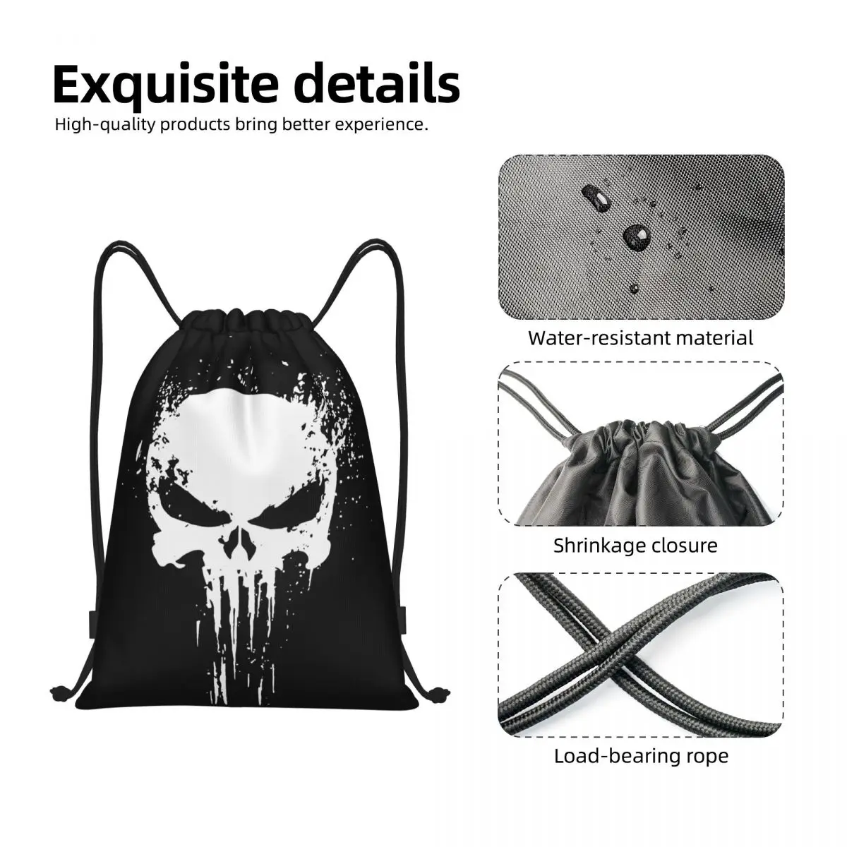 Mochila con cordón de esqueleto de Punisher personalizada para hombres y mujeres, mochila deportiva para gimnasio, bolso de compras portátil con calavera