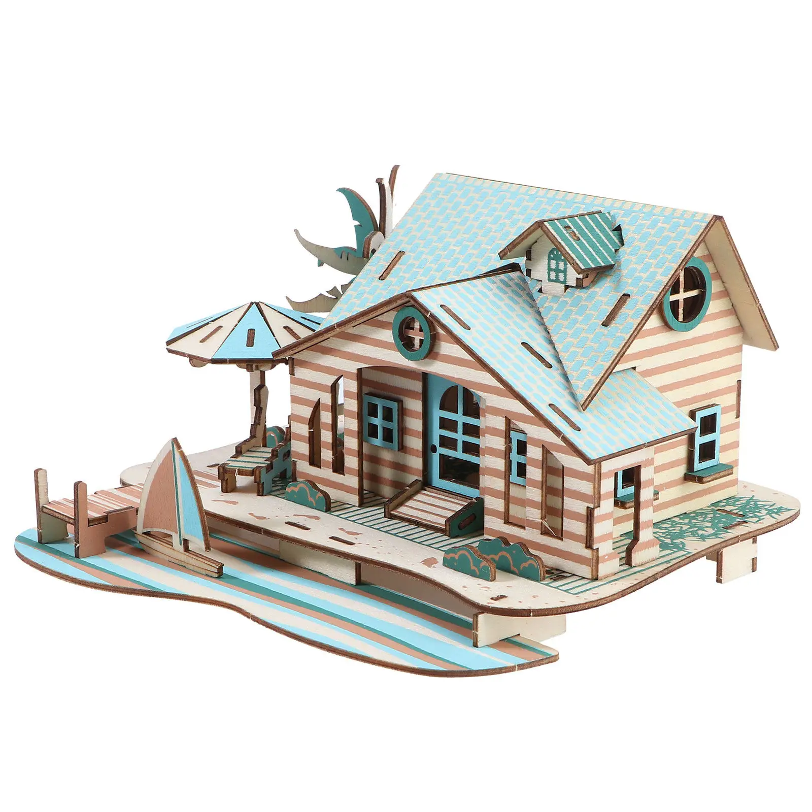 

Wooden Puzzle 3D Beach House Design Colorful Wood Educational For Kids Hand-Eye Coordination Development Puzzle