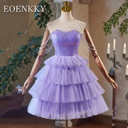 A-Line Tulle Sequin Short Prom Dress Elegant Mini Tiered Purple Homecoming Dress Pearl Off The Shoulder Ceremony платье вечернее