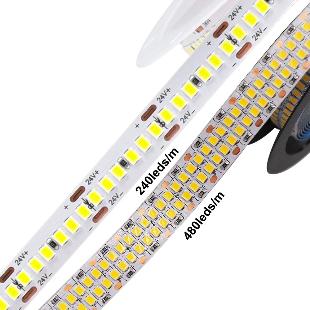 Fita Fita Fita LED flexível, 2835, SMD, 2835, 240LEDs por m, 480LEDs por m, 5m, 10m, DC 12V, 24V, alta brilhante, branco morno, branco frio