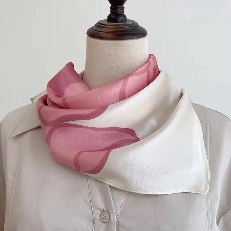 1pcs 70cm Pink Floral Silk Scarf for Women Simulated Silk Fresh and Elegant Versatile Headwear Clothing Bags and Square Scarf