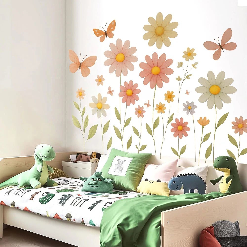 Watercolor Boho Daisy  Flower Butterfly Wall Sticker Decals for  Bedroom Playroom Home Wall Decor