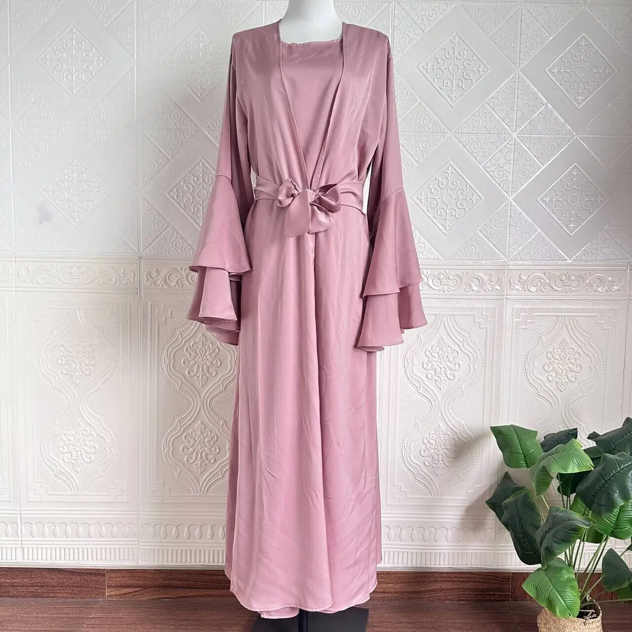 2 Pieces Set Muslim Women Satin Open Abaya Cardigan Inner Maxi Dress Suit Turkey Dubai Kimono Modest Islam Caftan Jalabiya Robe