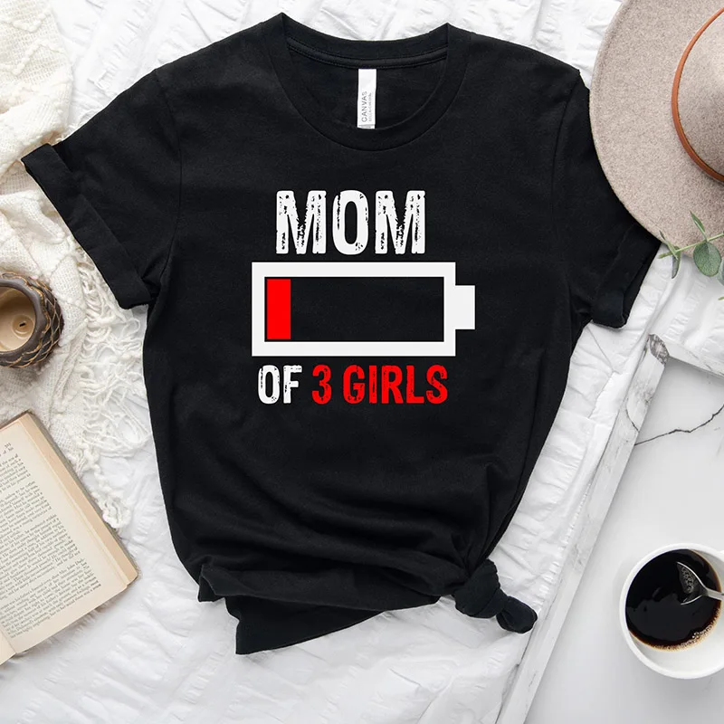 

Mom of Girls Battery Funny Printed Women's T Shirts Causal Loose Cotton O Neck Mothers Day Gift 90s Fashion T-shirt Femme Tops