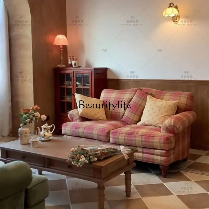 Retro Pastoral Style Plaid Fabric Bedroom Sofa American Light Luxury Shooting Leisure Furniture French Style