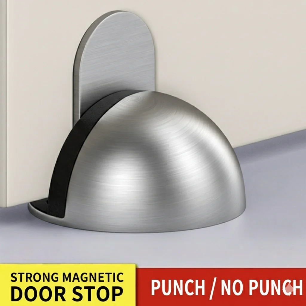 Stainless Steel Magnetic Door Stopper Rubber Floor-Mounted Concealed No-Punch Sticky Holder Nail-Free Home Safety Doorstop