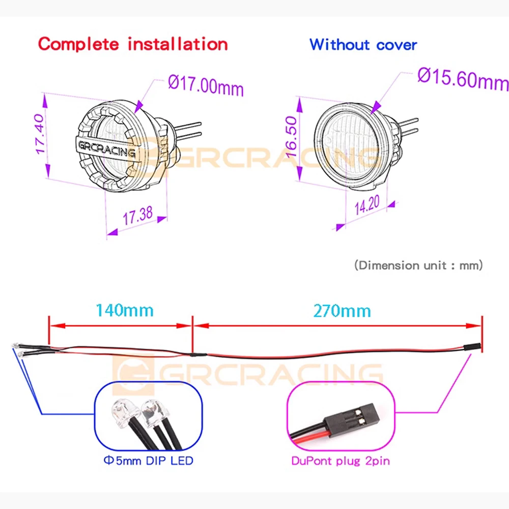 GRC 16mm round headlight off-road headlight searchlight suitable for 1:10 RC remote control vehicle TRX-4 TRX-6 SCX10 90046