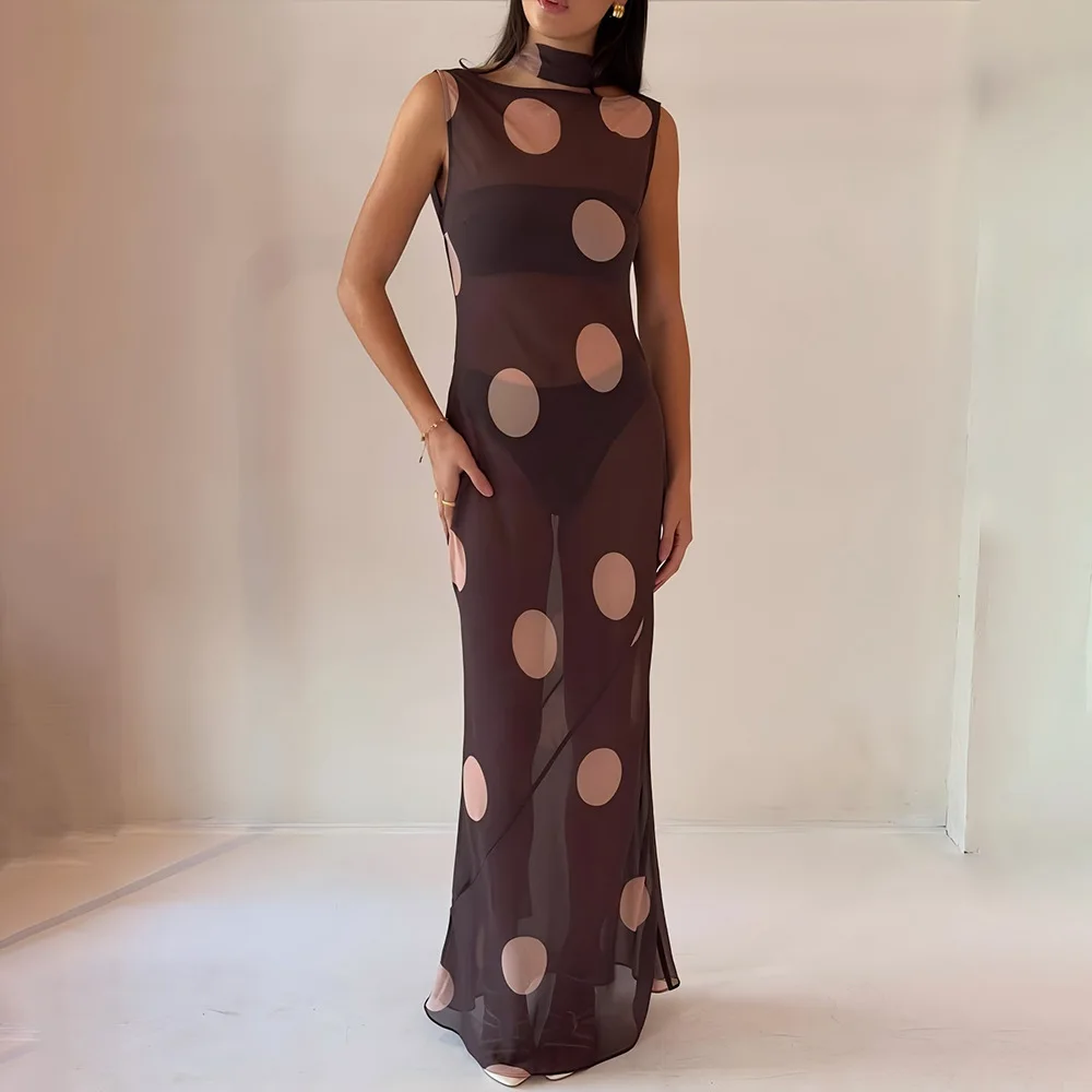 Платье макси с лентой в горошек и круглым вырезом для женщин, элегантное сексуальное платье без рукавов с открытой спиной, модное клубное вечернее длинное платье с высокой талией