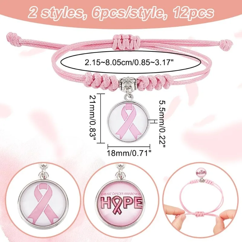 12 Pcs 2 Styles Pink Ribbon Braided Bracelets Breast Cancer Awareness Glass Charms Bracelet Adjustable Bracelet for Women Breast