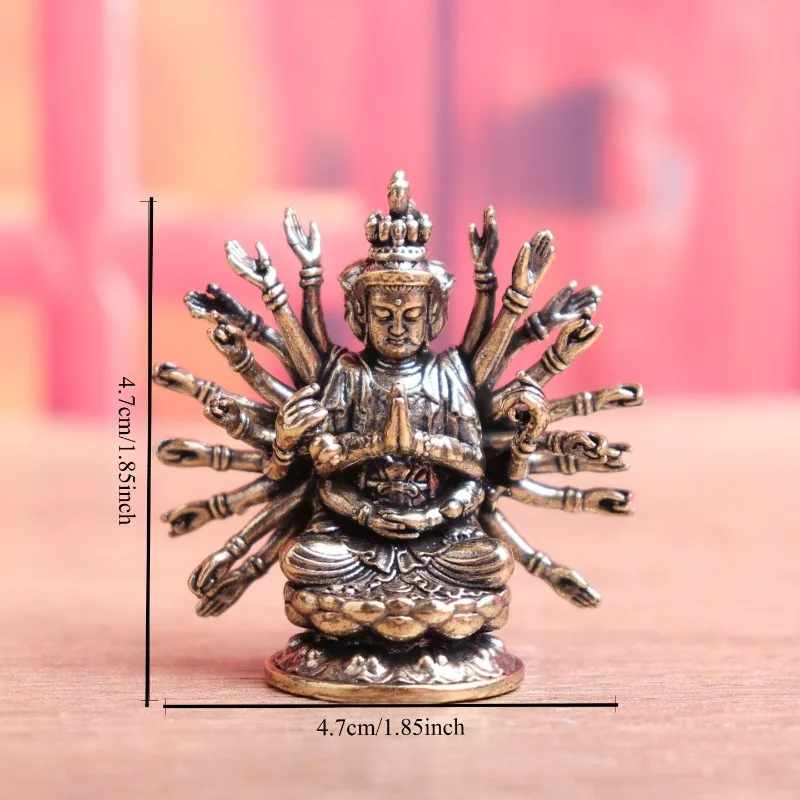 Brass Thousand-Hand Guanyin Figurine Mini Buddha Statue Copper Desktop Ornament Tea Pet Home Office Decor Collectible Craft Gift