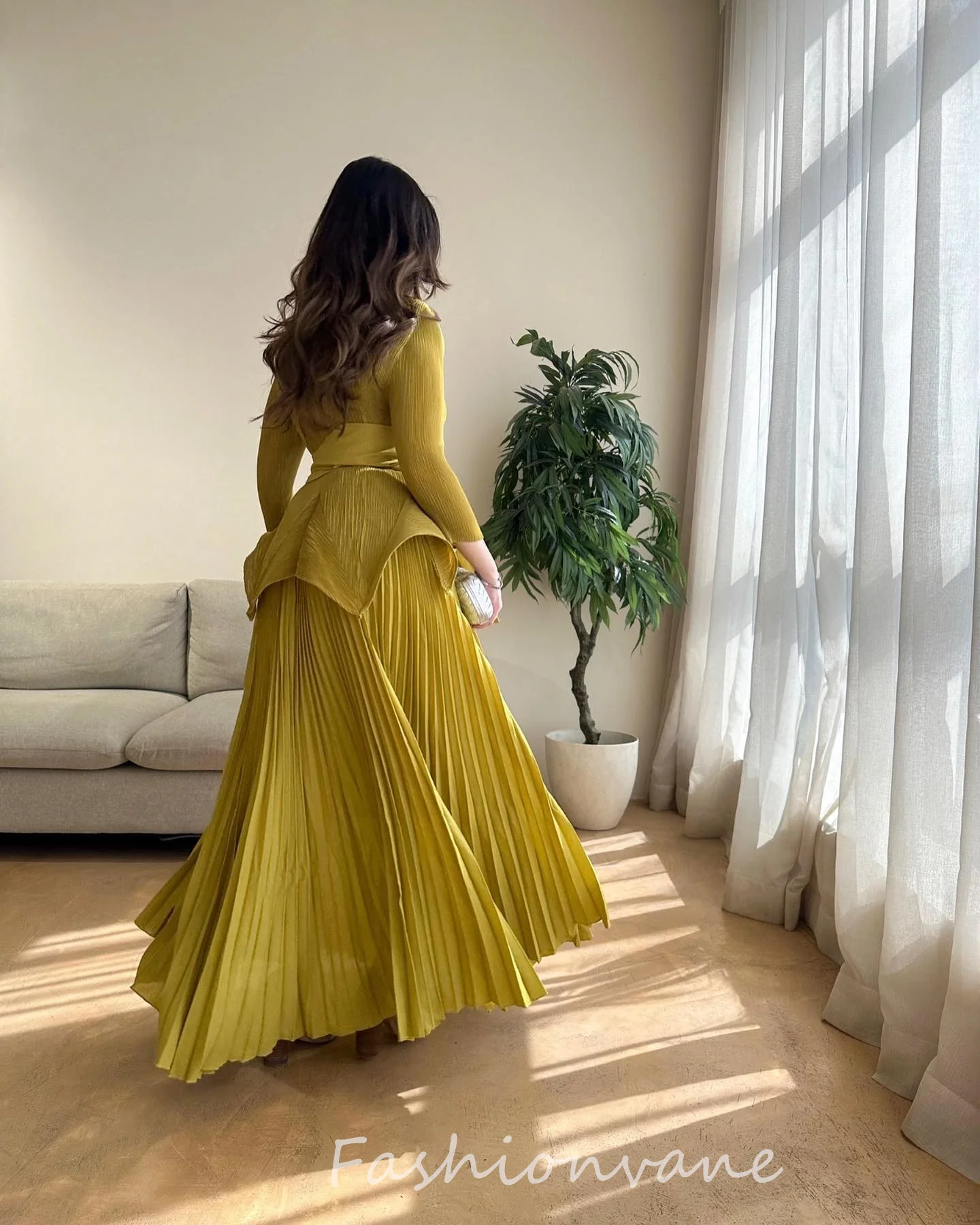 Fashionvane Customized Chiffion Long Sleeves Ruffled Formal Occasion Gown Belt Bow Prom Dress For Ramadan 2024 vestidos