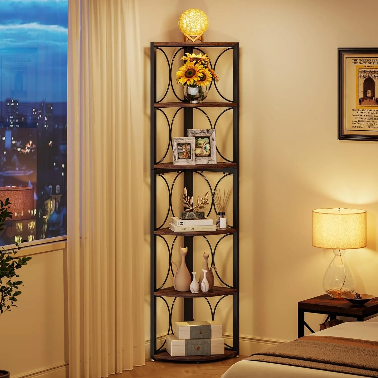 #LITTLE TREE 67Inch Tall Corner Shelf,  Tier Rustic Bookshelf Storage Rack, Standing Shelving Unit for Living Room & Small Space
