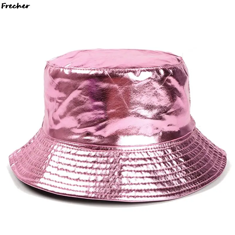 Bright Leather Bucket Hats Performance Dance Chapeau Street Hip Hop Sun Hat for Women Men Fashion Club Party Beanies Flat Tops