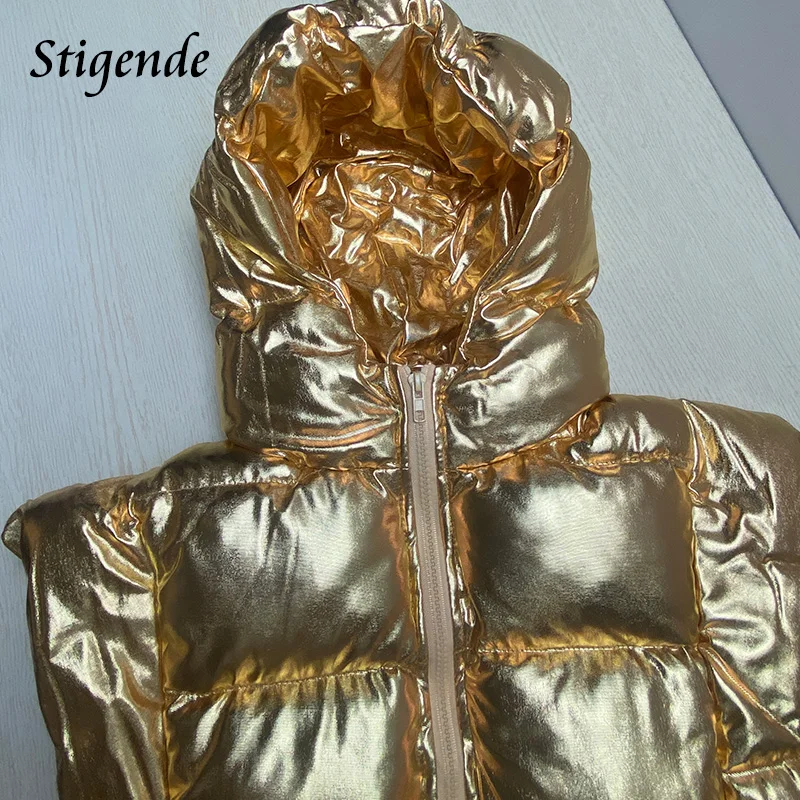 Stigende Golden Puffer Vest Parkas Women Zipper Shiny Hooded Waistcoat Bandage Side Split Sleeveless Crop Tank Tops Coat Jacket