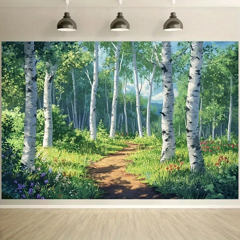 Tranquil Birch Forest Path Tapestry: Lush Greenery Pattern Wall Hanging for Calm Scandi-Boho Home Decor