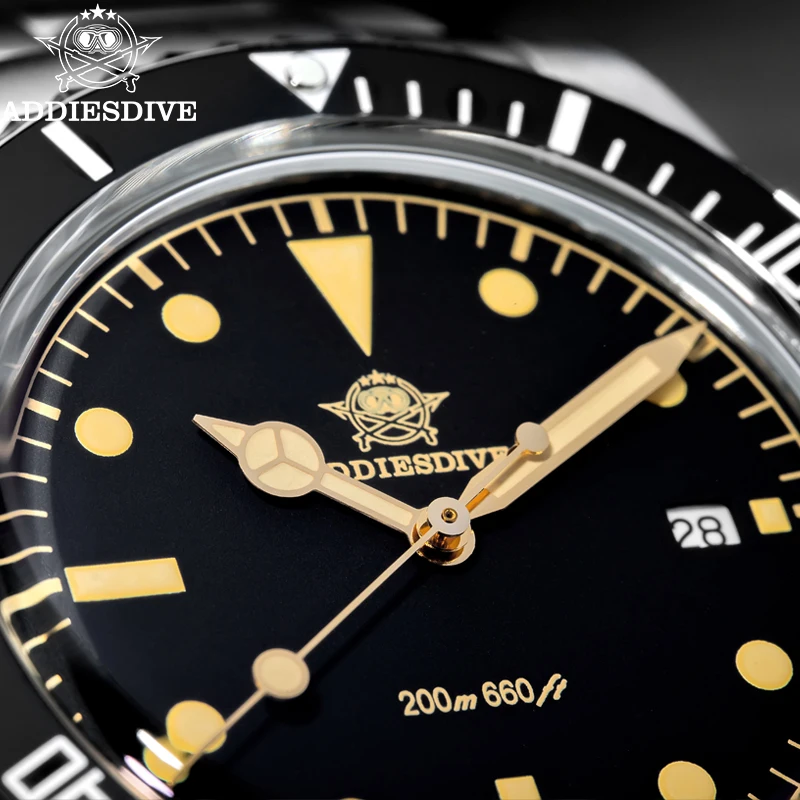 Addiesdive الفاخرة عالية الجودة ساعة كوارتز رجالية مضيئة 200 متر مقاوم للماء ساعة اليد فقاعة قبة زجاج السيراميك الحافة ساعة رجالية