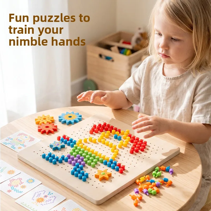 Wooden Mushroom Peg Puzzle Gear 2 in 1 Pegboard Mosaic Building Blocks Montessori Fine Motor Skills Educational Toy Gift for Kid