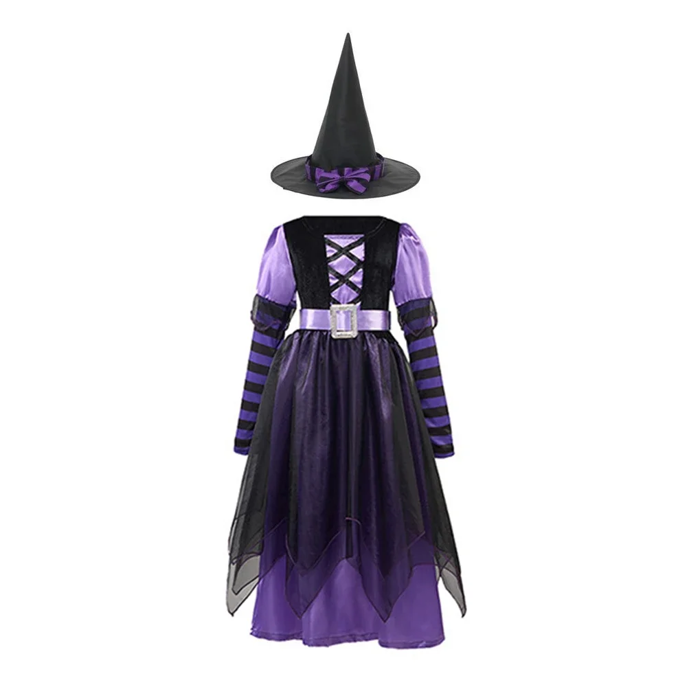 Kinder Rollenspiel-Kostüm Mädchen Hexen-Cosplay-Kleid mit Hut Besen Langarm Tüll Halloween Kostüm für Karnevalsparty – Detail 3