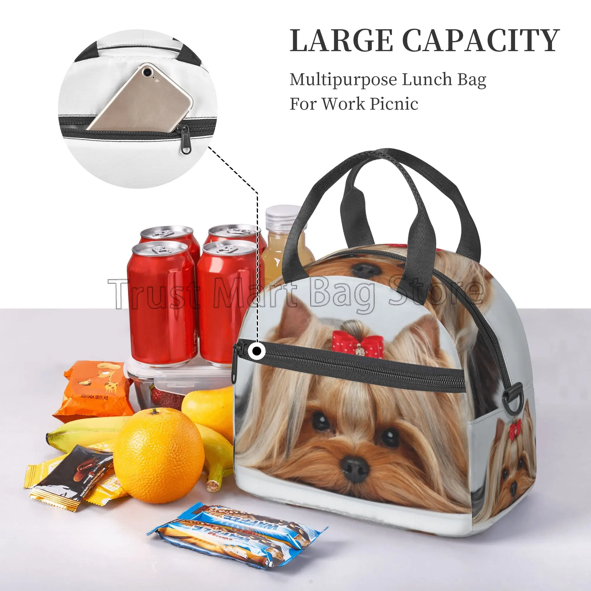 Cute Ribbon Yorkie Reusable Lunch Bag Insulated Lunch Box Tote with Adjustable Strap Leakproof Bento Bags for Work Picnic Beach