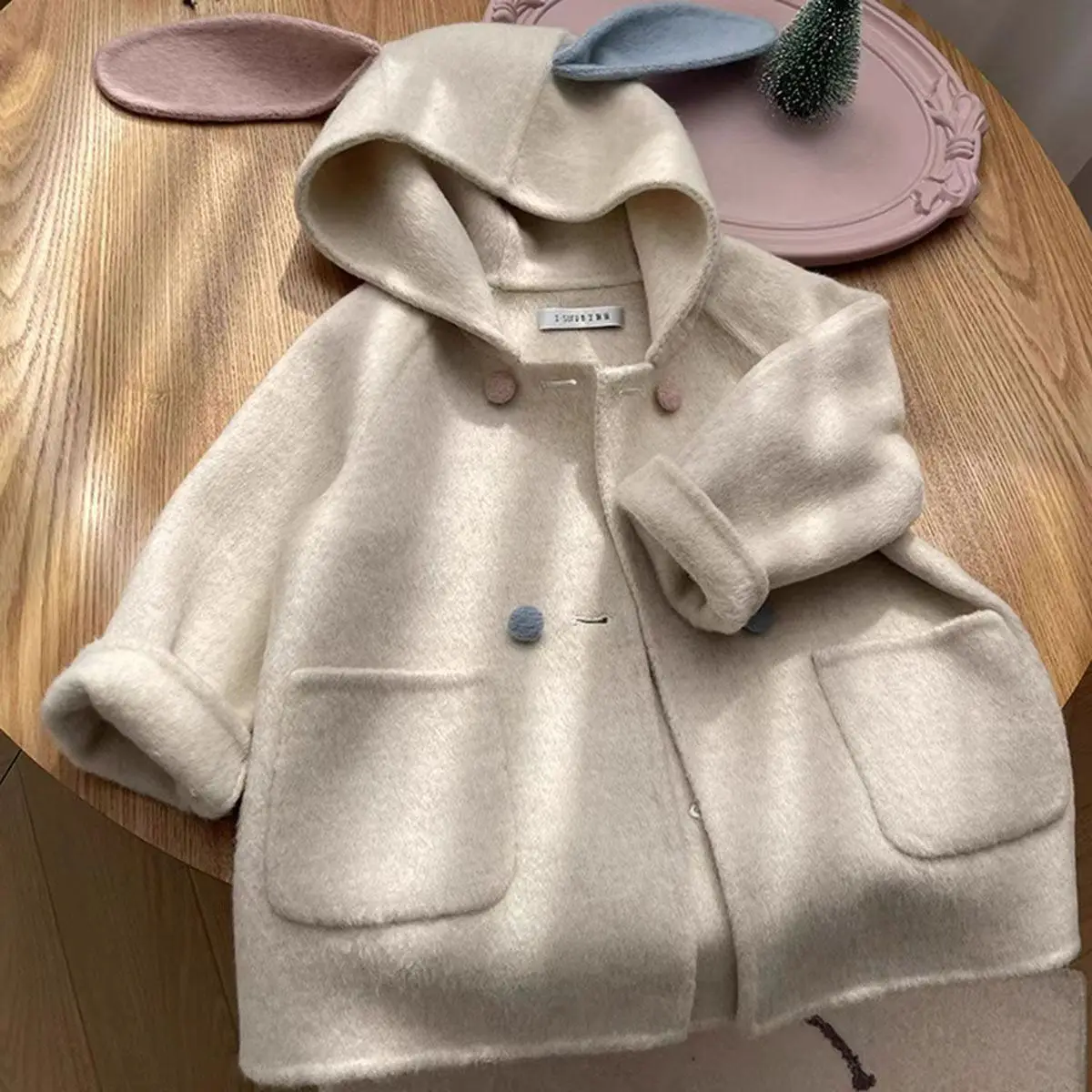 

2 4 6 7 Y Baby Girls' Woolen Coat Autumn/Winter New Korean Edition Children's Cute Rabbit Ears Thickened Overcoat