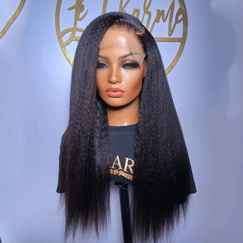 Perruque Lace Front Wig lisse Yaki noire naturelle, longue 26 pouces, douce pour femmes noires, avec cheveux synthétiques de bébé préplumés sans colle 03/