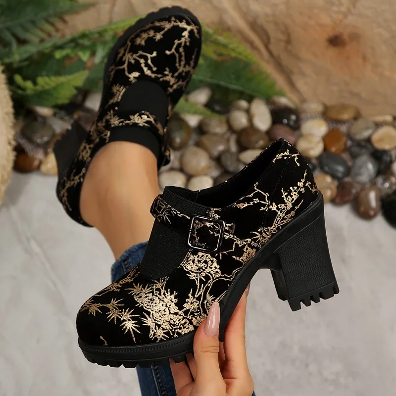 2026 Luxury Fashion Printed Design Block Heel Women's Ankle Boots Spring Autumn New Round Toe High Heel Casual Women Shoes