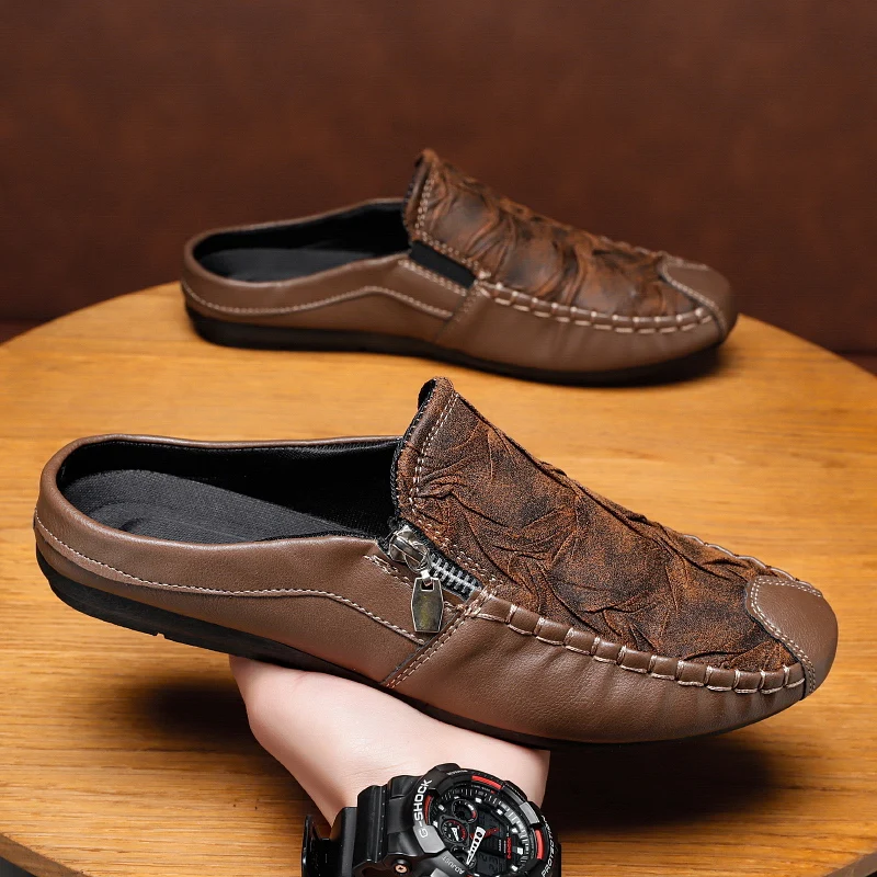 Summer Flat Loafers Men Half Slippers Comfortable Leather Casual Shoes Soft Men's Lazy Shoes Slip-on Shoes For Man Daily Shoes