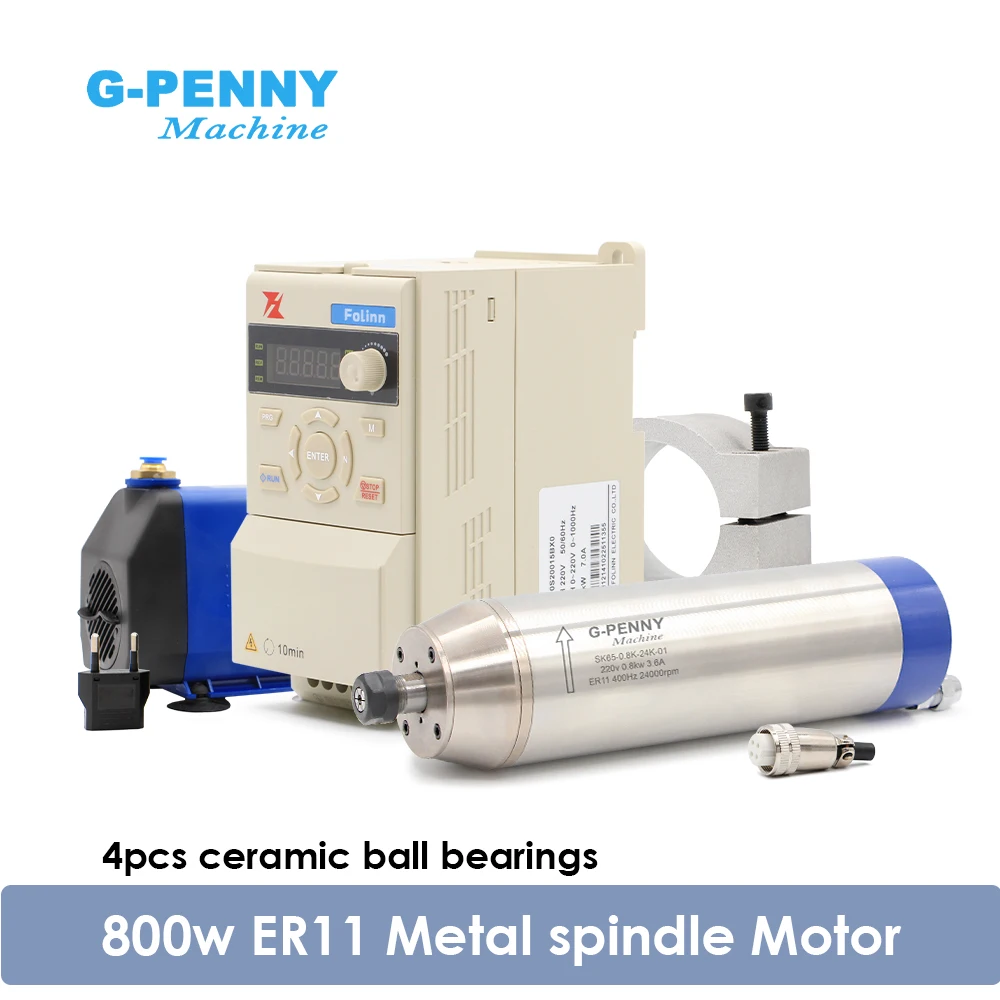 G-Penny 0.8kw Metal Working Spindle kit 12000-24000rpm 400Hz Bullet Type 0.005mm & Fuling H110 Vector Inverter & Pump & Holder