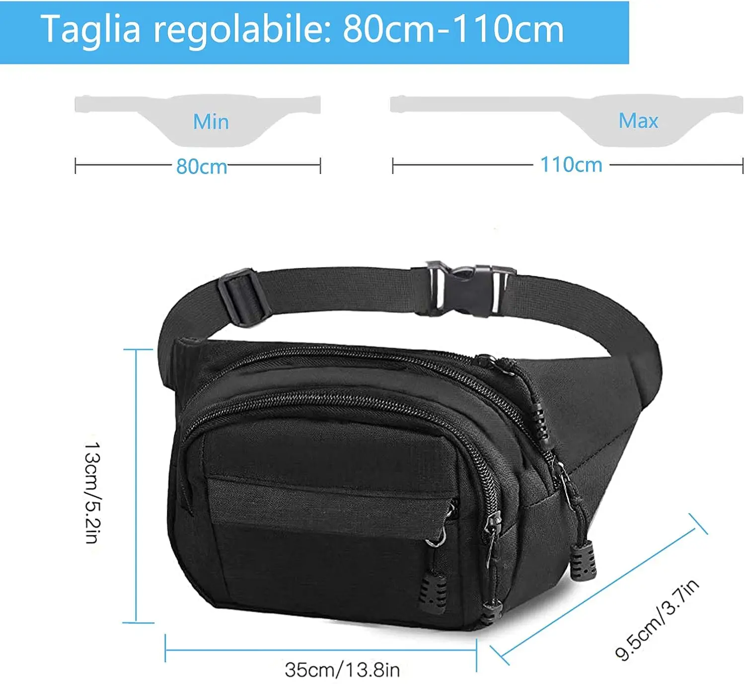 حقيبة خصر للرجال مع 4 حزام قابل للتعديل بسحاب وحقيبة خصر من قماش أكسفورد، حقيبة خصر للجري مقاومة للماء للجنسين لتشغيل ركوب الدراجات