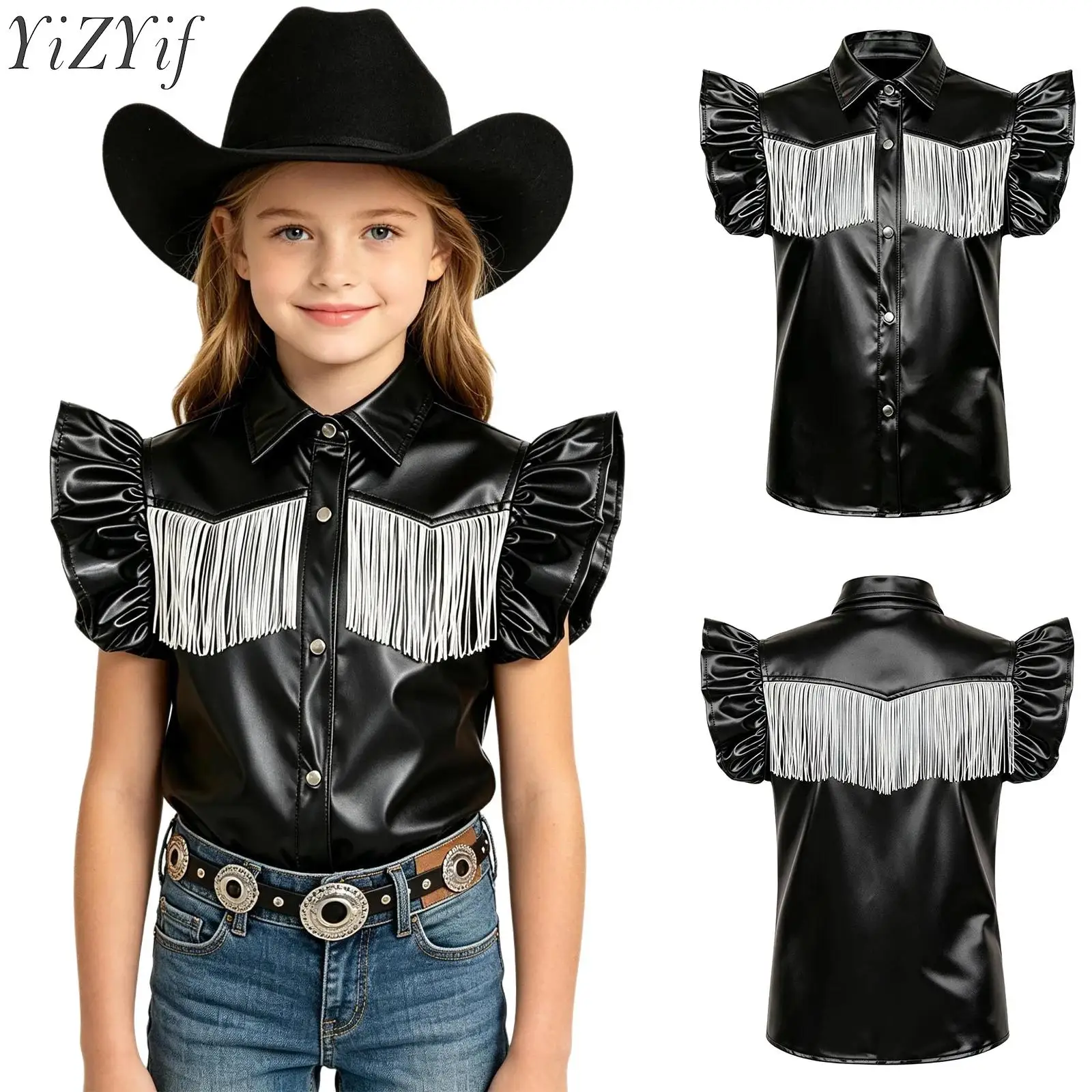 Kids Girls Western Cowgirl Cosplay Costume Metallic Shirt Ruffled Sleeves Press Buttons Tassel Tops for Halloween Carnival Party
