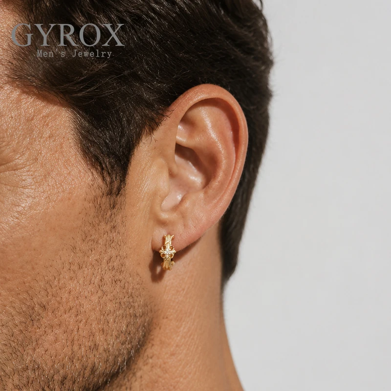 Niche 925 Sterling Silver Exquisite And Trendy Men's Jewelry Textured Zircon Cross Design Hoop Earrings