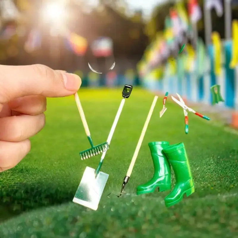 All-in-One Miniature Dollhouse Shovel, Hoe, Pitchfork, and Water Pipe Repair Tool Set for Enhanced Fairy Garden Play