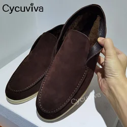 Cycuviva Natural Wool Fur Flat Loafers Shoes Suede Leather High Top Moccssins Unisex Men & Women's Lazy Mules Flat Shoes Winter