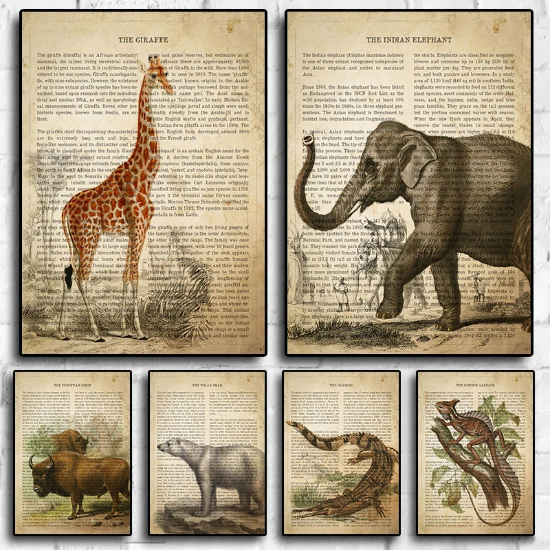 Vintage Animals Giraffe Elephant Bison Antique Page Poster Canvas Painting Wall Art Print Pictures for Living Room Office Decor